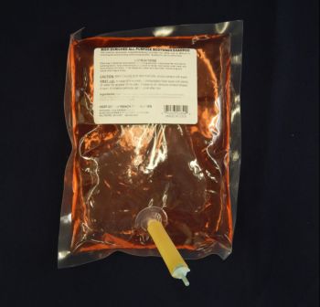 clear packet, orange liquid, tube dispenser connection